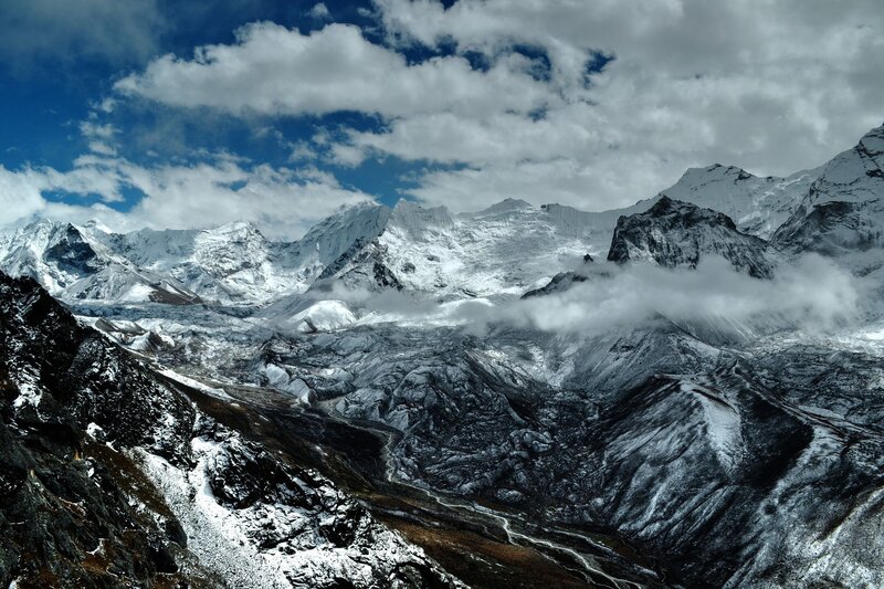 Snow-covered Mountain Range — Blue, Dramatic, Photograph, Clouds, Valley