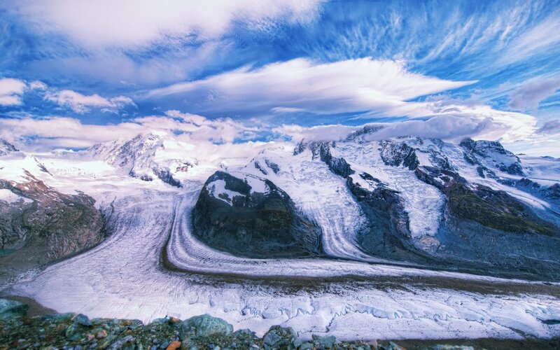 Snow-covered Mountain Range — Blue, Dramatic, Photograph, Glacier