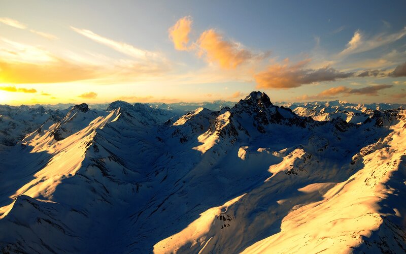 Snow-covered Mountain Range — Blue, Dramatic, Sunset, Photograph, Mountains