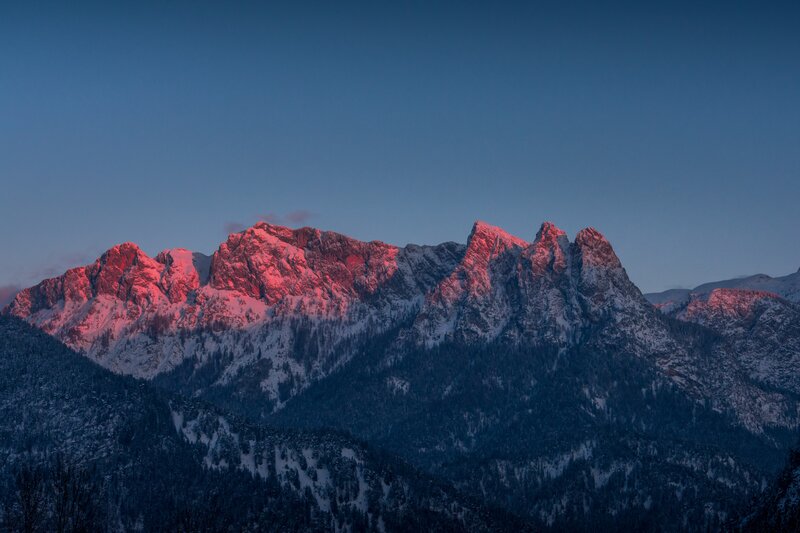 Snow-covered Mountain Range — Blue, Dramatic, Sunset, Photograph, Mountains, Trees