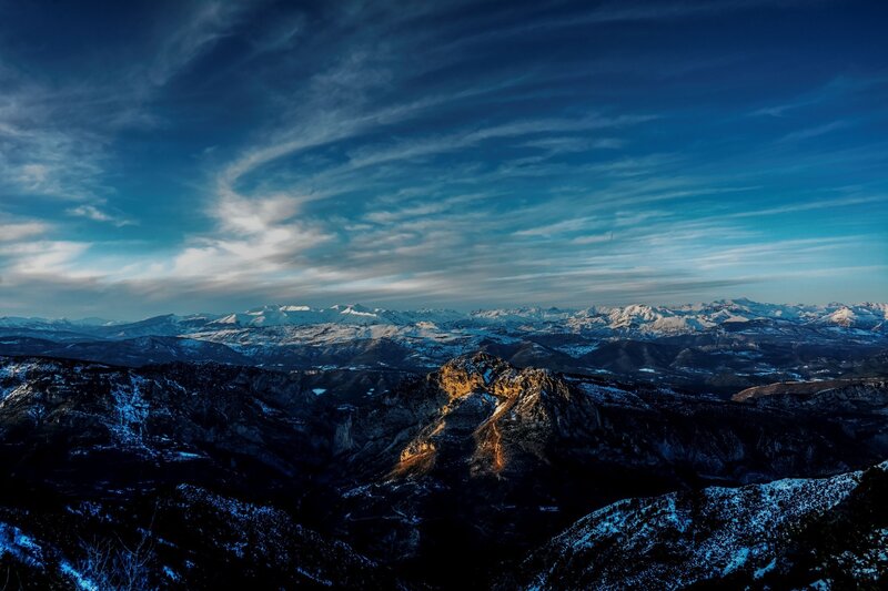 Snow-covered Mountain Range — Blue, Dramatic, Winter, Photograph, Mountains, Clouds, Snow