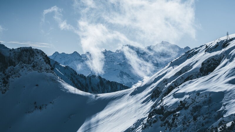 Snow-covered Mountain Range — Blue, Dramatic, Winter, Photograph, Mountains, Clouds, Trees
