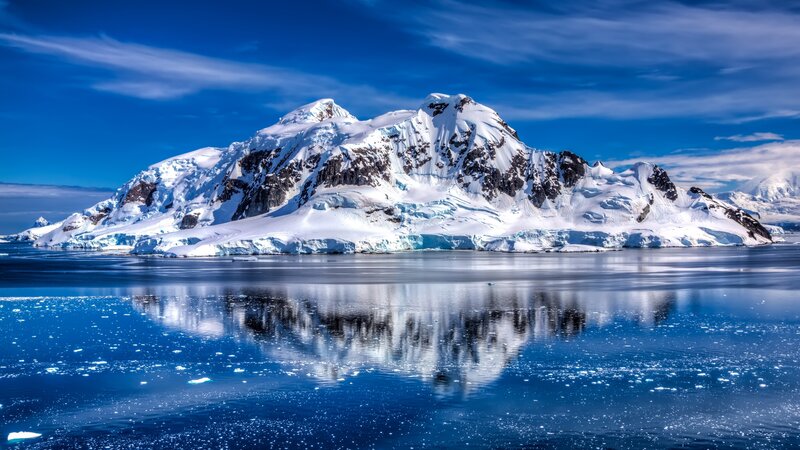 Snow-covered Mountain Range — Blue, Serene, Afternoon, Photograph, Icebergs, Calm Water, Sky