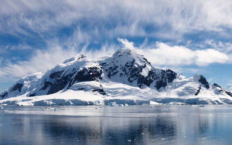 Snow-covered Mountain Range — Blue, Serene, Afternoon, Photograph, Icebergs, Clouds, Water