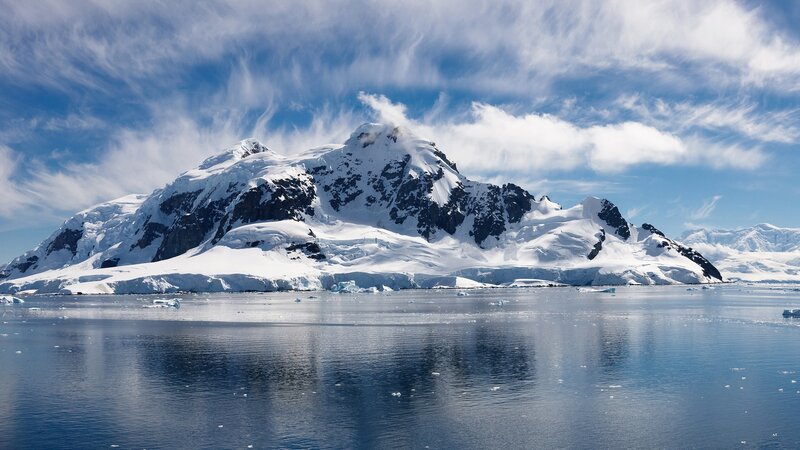 Snow-covered Mountain Range — Blue, Serene, Afternoon, Photograph, Icebergs, Clouds, Water, White, Black