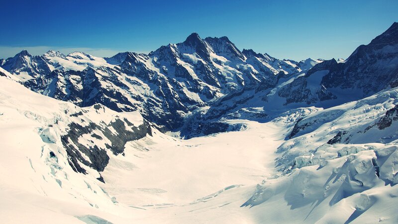 Snow-covered Mountain Range — Blue, Serene, Afternoon, Photograph, Mountains, Snow, Sky, White, Gray