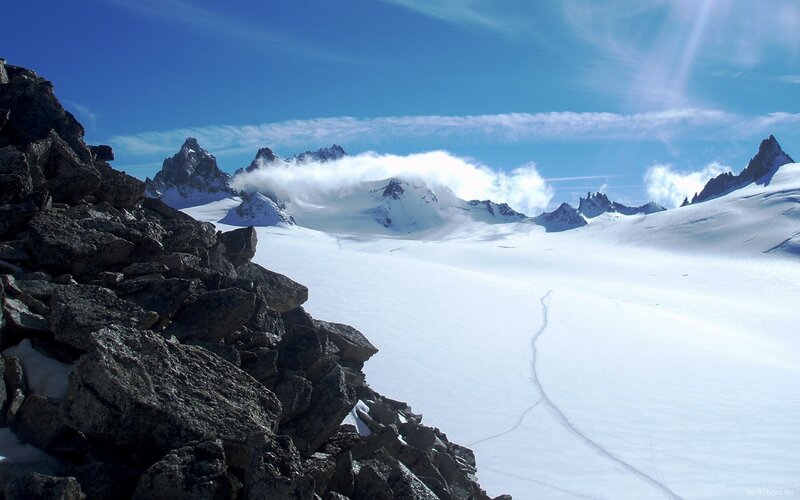 Snow-covered Mountain Range — Blue, Serene, Afternoon, Photograph, Rocks