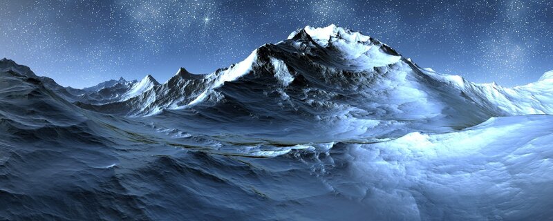 Snow-covered Mountain Range — Blue, Serene, Night, Digital Art, Mountains, Stars, Snow