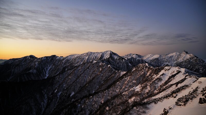Snow-covered Mountain Range — Blue, Serene, Sunset, Photograph
