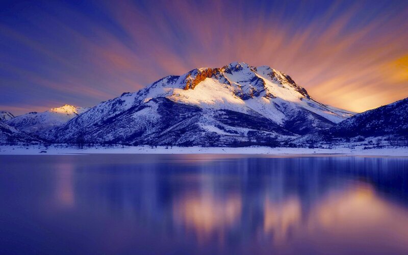 Snow-covered Mountain Range — Blue, Serene, Sunset