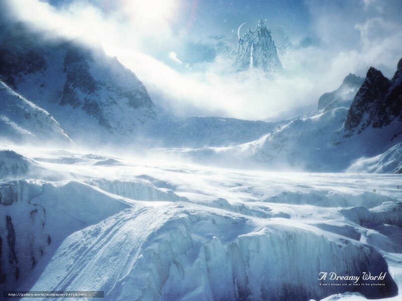 Snow-covered Mountain Range — Blue, Serene, Winter, Digital Art, Clouds