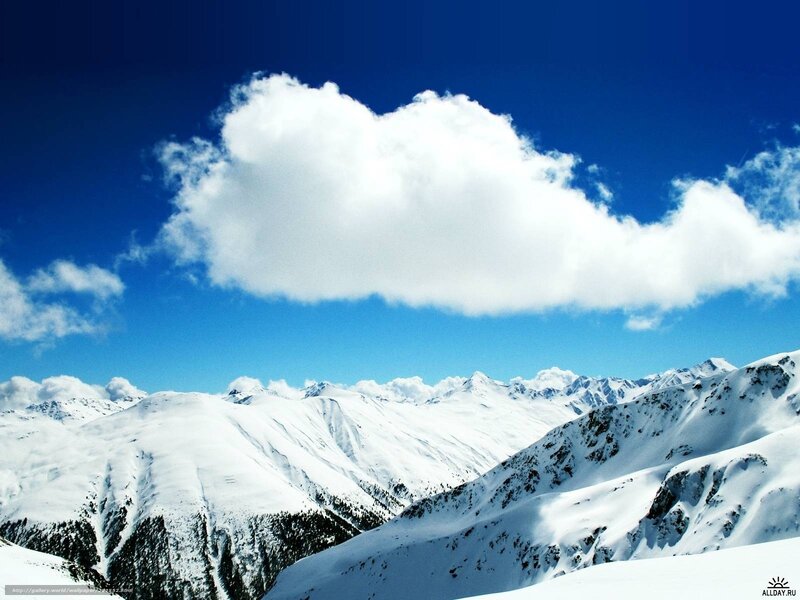 Snow-covered Mountain Range — Blue, Serene, Winter, Photograph, Clouds, Sky, Trees