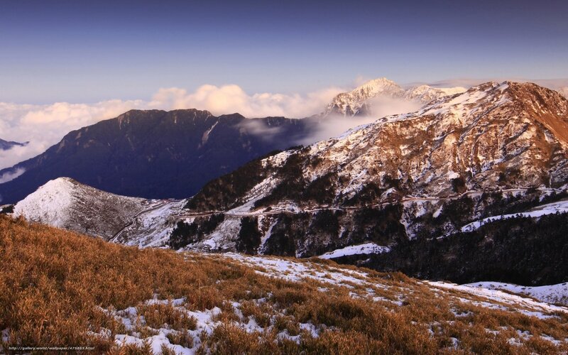 Snow-covered Mountain Range — Blue, Serene, Winter, Photograph, Mountains, Clouds, Road