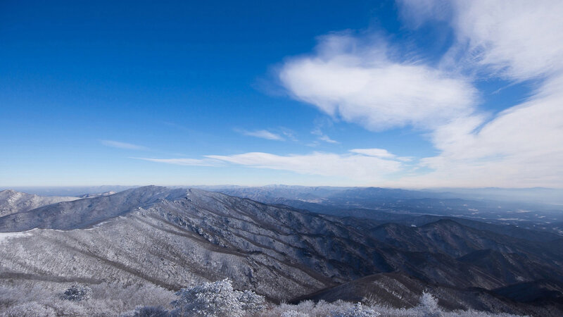 Snow-covered Mountain Range — Blue, Serene, Winter, Photograph, Mountains, Clouds, Sky