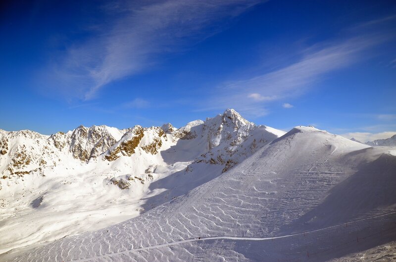 Snow-covered Mountain Range — Blue, Serene, Winter, Photograph, Mountains, Sky, Snow, Tracks
