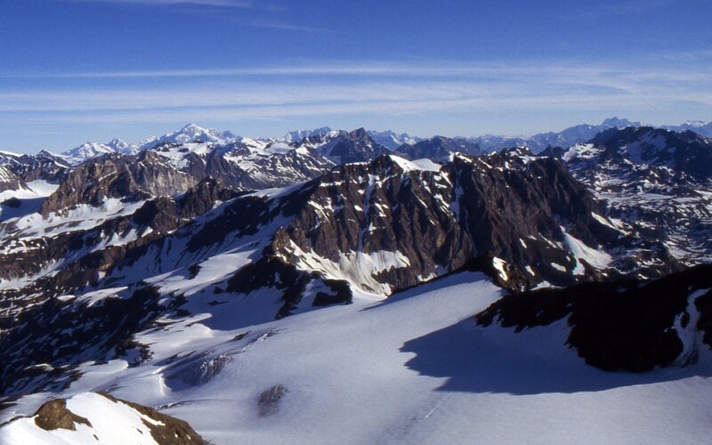Snow-covered Mountain Range — Blue, Serene, Winter, Photograph, Mountains, Snow, Sky, White, Black