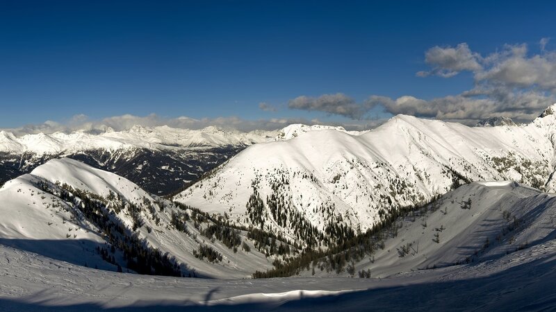 Snow-covered Mountain Range — Blue, Serene, Winter, Photograph, Mountains, Trees, Clouds, White