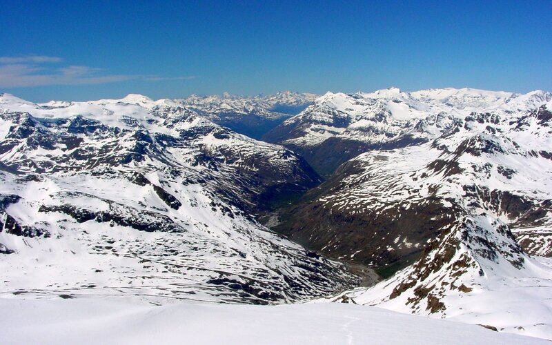 Snow-covered Mountain Range — Blue, Serene, Winter, Photograph, Mountains, Valley, Sky, White, Brown