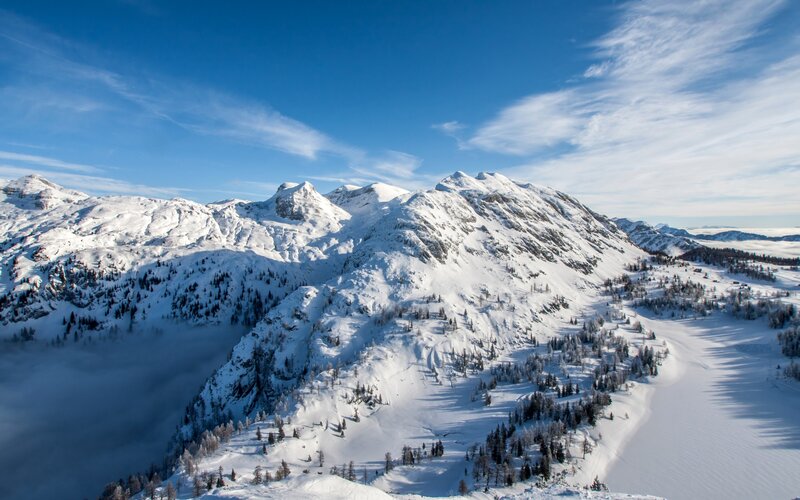 Snow-covered Mountain Range — Blue, Serene, Winter, Photograph, Trees, Clouds