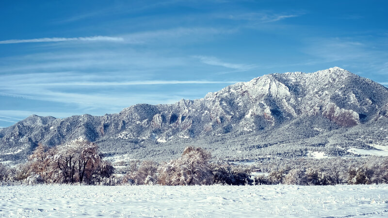 Snow-covered Mountain Range — Blue, Serene, Winter, Photograph, Trees, Sky, Field