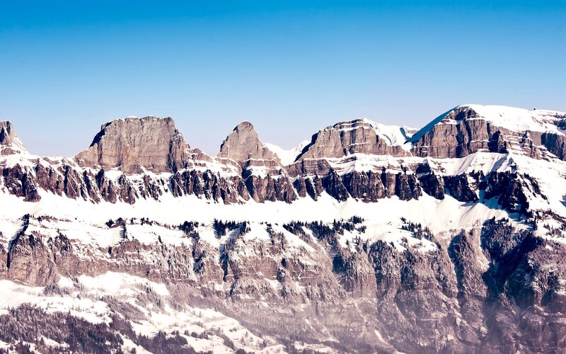 Snow-covered Mountain Range — Blue, Trees