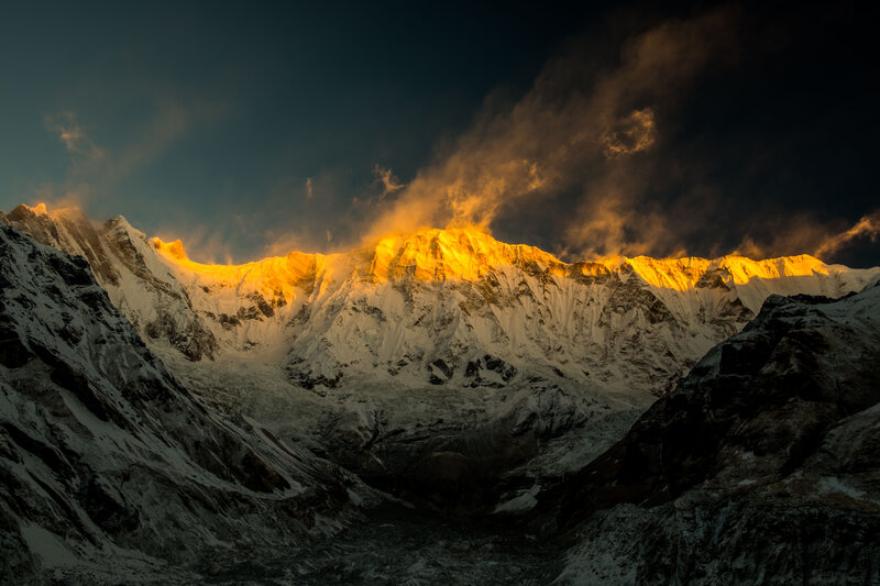 Snow-covered Mountain Range — Gold, Dramatic, Sunrise