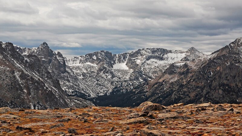 Snow-covered Mountain Range — Gray, Dramatic, Autumn, Photograph, Rocks
