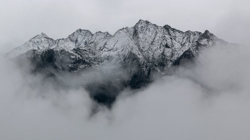 Snow-covered Mountain Range — Gray, Dramatic, Photograph, Clouds