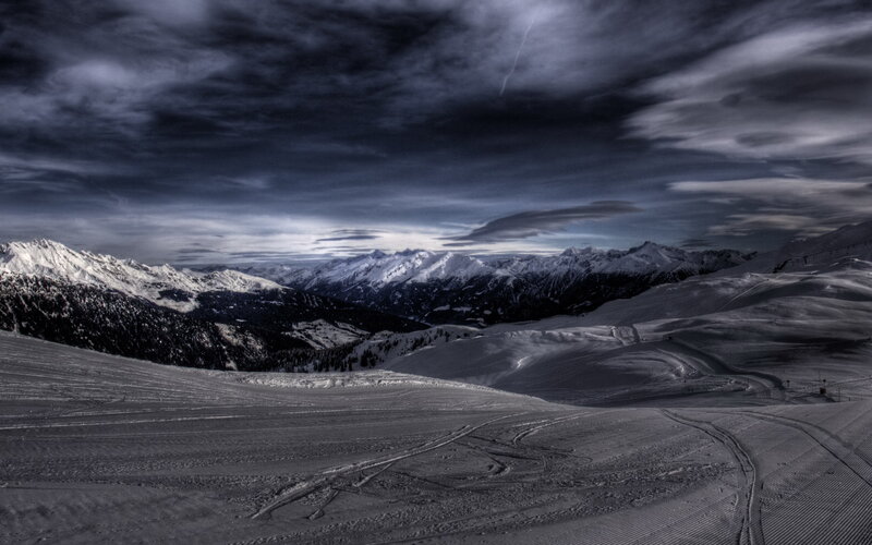 Snow-covered Mountain Range — Gray, Dramatic, Winter, Photograph, Mountains, Clouds