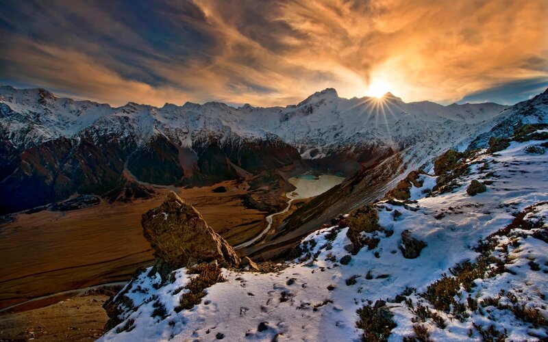 Snow-covered Mountain Range — Orange, Dramatic, Sunrise