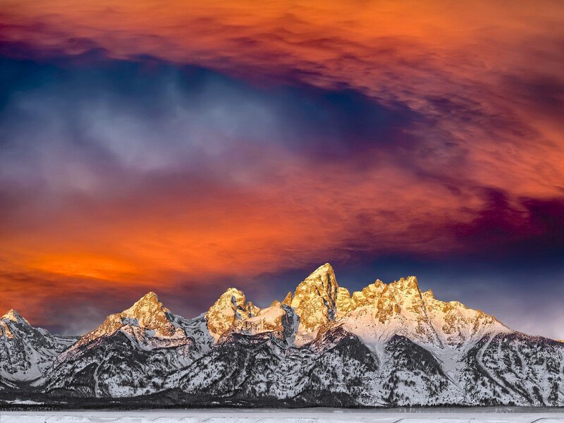 Snow-covered Mountain Range — Orange, Dramatic, Sunset, Photograph, Clouds