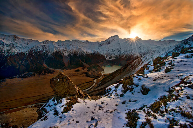 Snow-covered Mountain Range — Orange, Dramatic, Sunset, Photograph