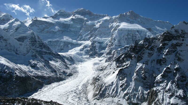 Snow-covered Mountain Range — White, Dramatic, Afternoon, Photograph, Glacier, Rocky Peaks, Blue Sky, Blue