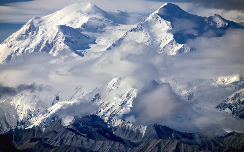 Snow-covered Mountain Range — White, Dramatic, Photograph, Clouds, Glaciers