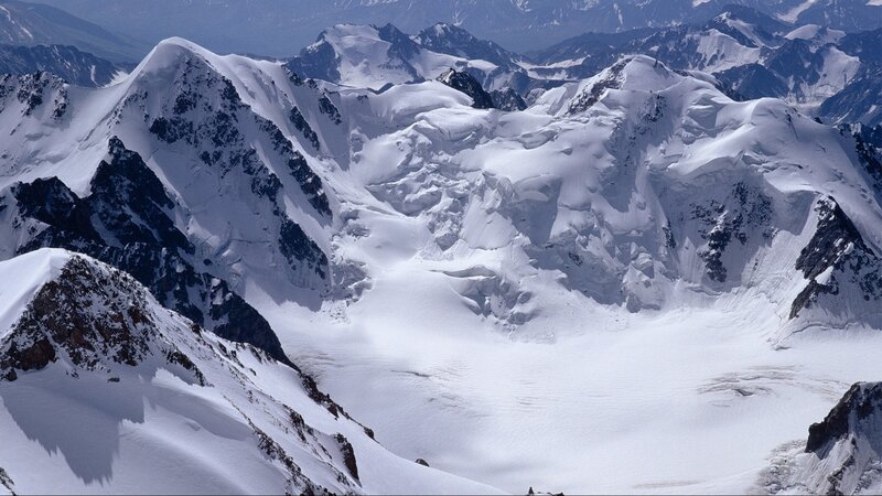 Snow-covered Mountain Range — White, Dramatic, Photograph, Mountains, Glaciers, Rocks