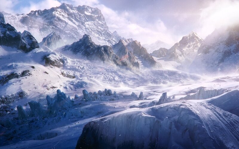 Snow-covered Mountain Range — White, Dramatic, Winter, Digital Art, Mountains, Glaciers, Clouds, Blue