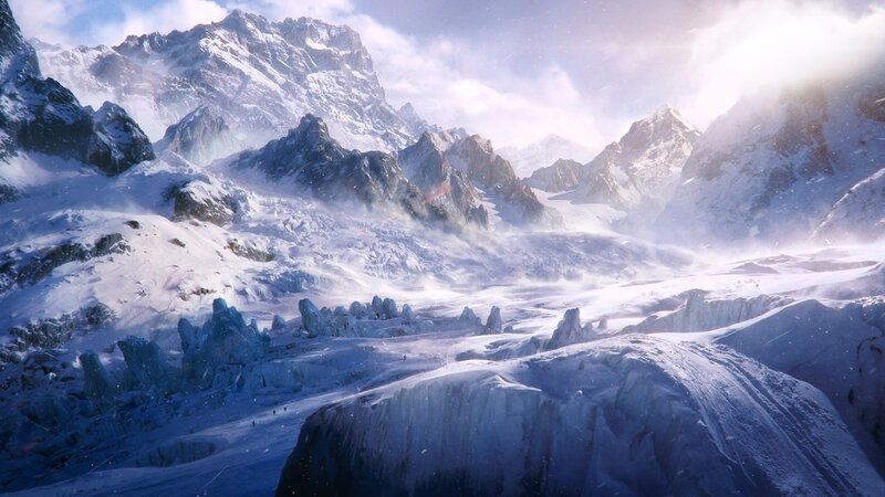 Snow-covered Mountain Range — White, Dramatic, Winter, Digital Art, Mountains, Glaciers, Clouds