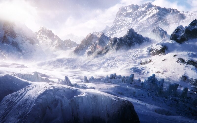 Snow-covered Mountain Range — White, Dramatic, Winter, Digital Art, Mountains, Glaciers, Snow