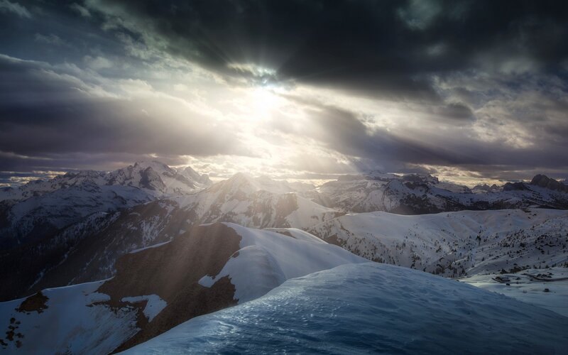 Snow-covered Mountain Range — White, Dramatic, Winter, Photograph, Mountains, Clouds, Sunlight