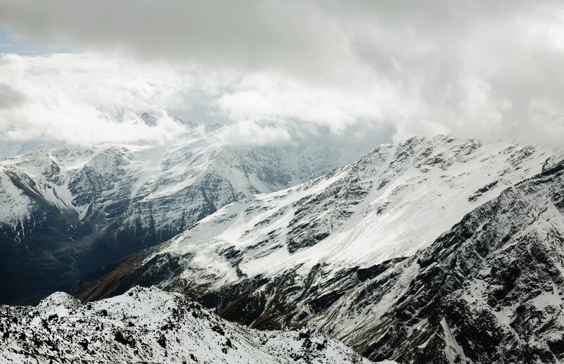 Snow-covered Mountain Range — White, Dramatic, Winter, Photograph, Mountains, Clouds