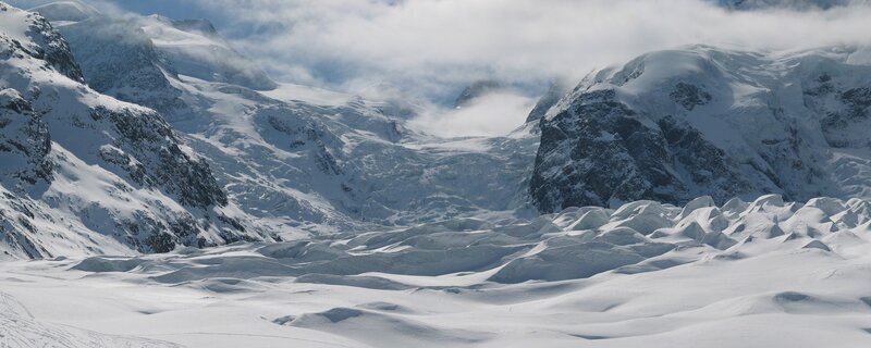 Snow-covered Mountain Range — White, Dramatic, Winter, Photograph, Mountains, Glacier, Clouds