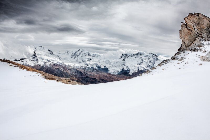 Snow-covered Mountain Range — White, Dramatic, Winter, Photograph, Mountains, Snow, Clouds, Rock