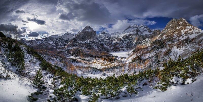 Snow-covered Mountain Range — White, Dramatic, Winter, Photograph, Mountains, Trees