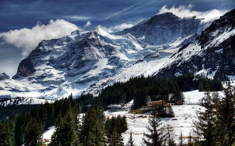 Snow-covered Mountain Range — White, Dramatic, Winter, Photograph, Pine Trees