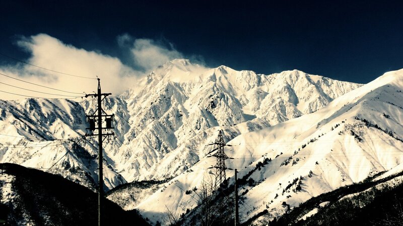 Snow-covered Mountain Range — White, Dramatic, Winter, Photograph, Power Lines