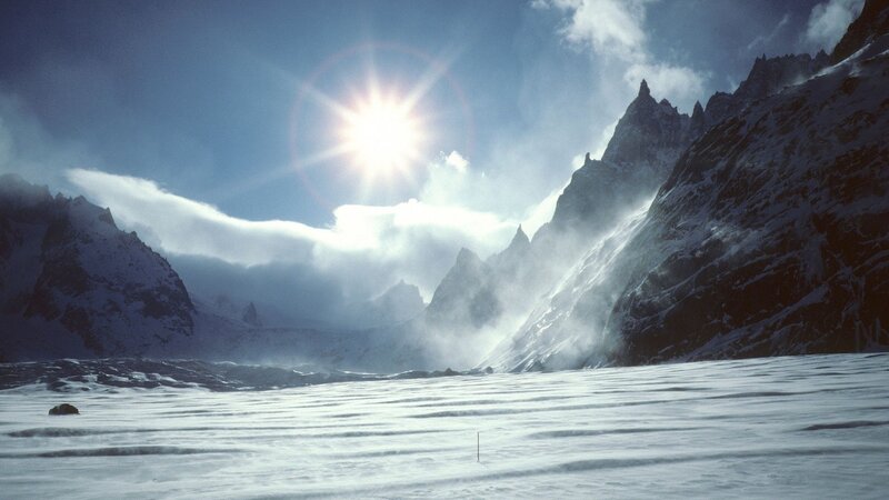 Snow-covered Mountain Range — White, Dramatic, Winter, Photograph, Sun