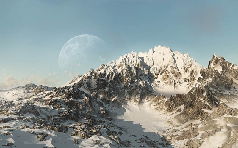 Snow-covered Mountain Range — White, Serene, Afternoon, 3d Render