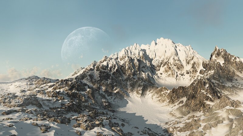 Snow-covered Mountain Range — White, Serene, Morning, 3d Render, Moon