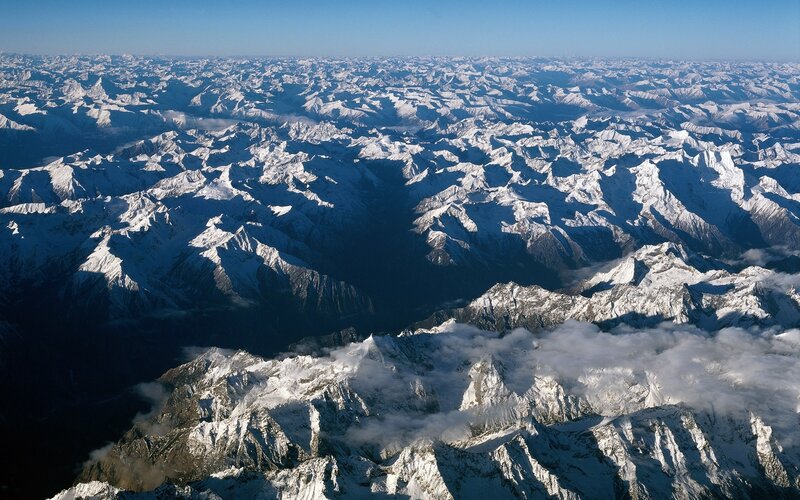 Snow-covered Mountain Range — White, Serene, Morning, Photograph