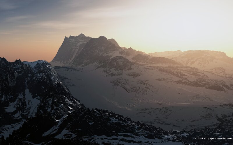 Snow-covered Mountain Range — White, Serene, Sunset, Digital Art
